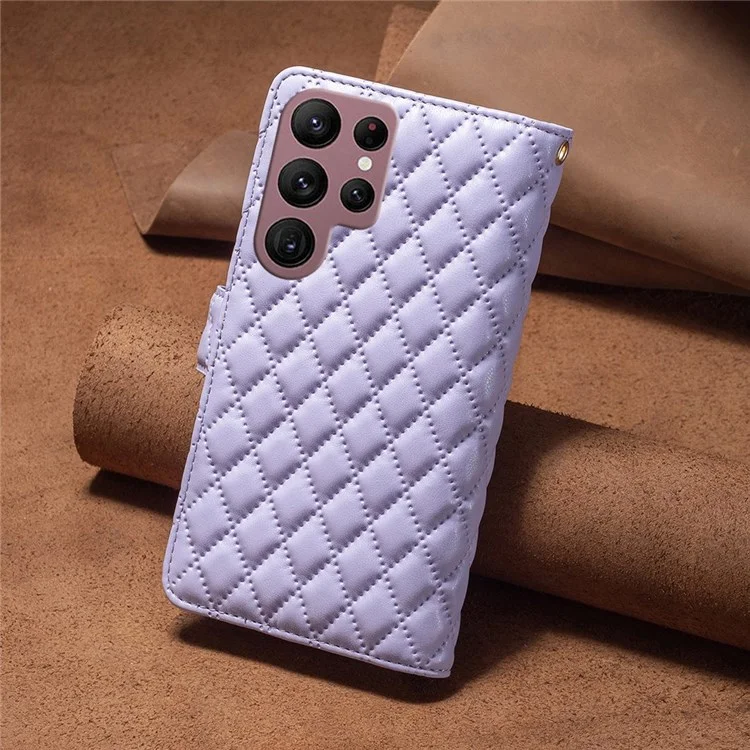 Binfen Colore Per Samsung Galaxy S22 Ultra 5G BF Style-15 Custodia Rhombus Exprinted Rhombus Con Copertina di Portafoglio di Cuoio Per Visione Tascabile Con Cerniera - Viola
