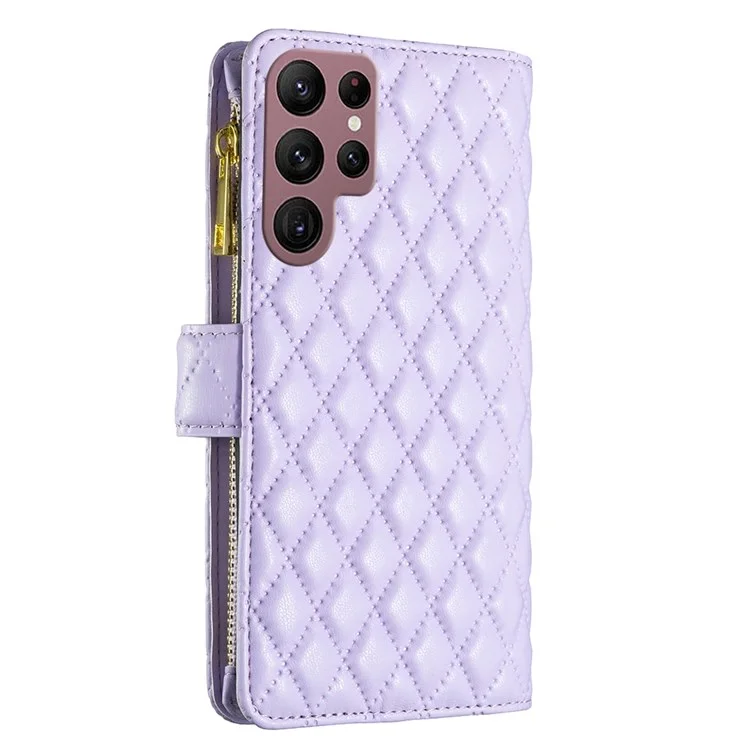 Binfen Colore Per Samsung Galaxy S22 Ultra 5G BF Style-15 Custodia Rhombus Exprinted Rhombus Con Copertina di Portafoglio di Cuoio Per Visione Tascabile Con Cerniera - Viola
