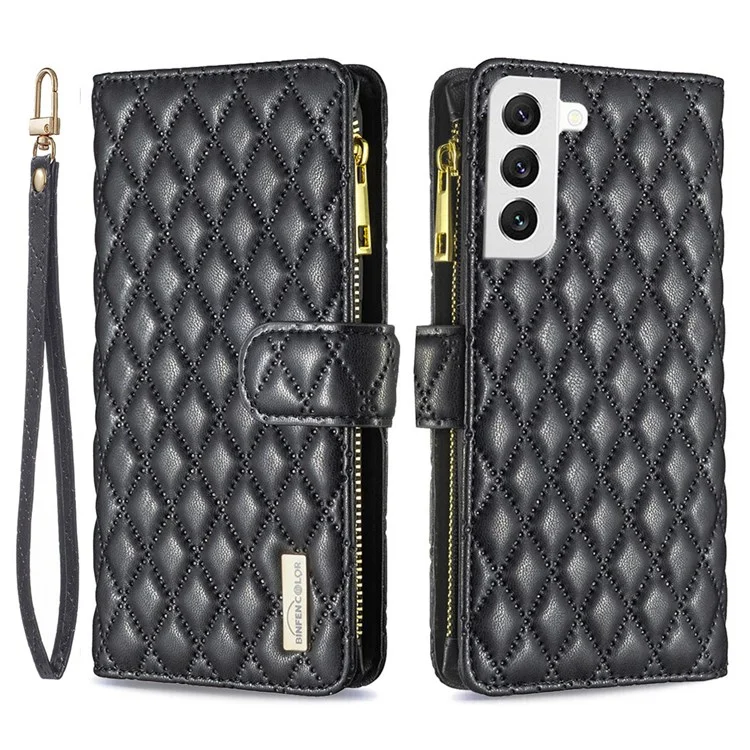 BINFEN COLOR para Samsung Galaxy S22 5G BF Style-15 Caso revestido com padrão de rombo impresso com bolso com zíper, suporte de mão livre, capa de carteira em couro PU fosco - Preto