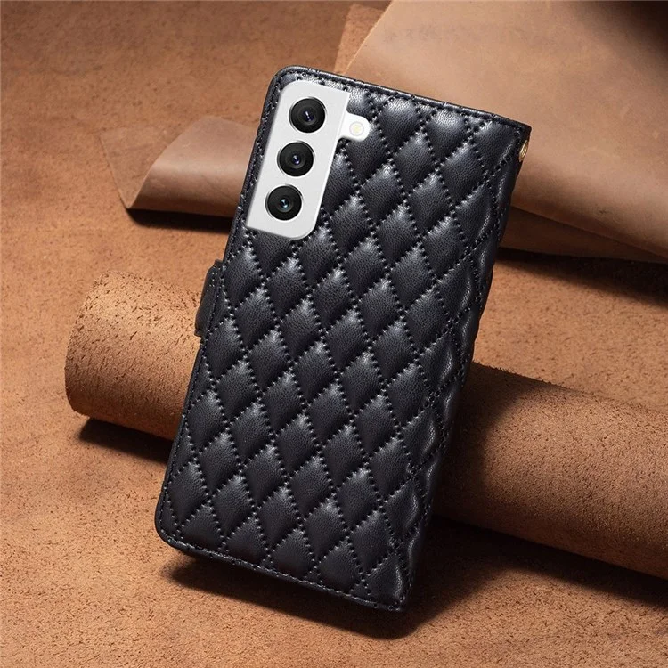 BINFEN COLOR para Samsung Galaxy S22 5G BF Style-15 Caso revestido com padrão de rombo impresso com bolso com zíper, suporte de mão livre, capa de carteira em couro PU fosco - Preto