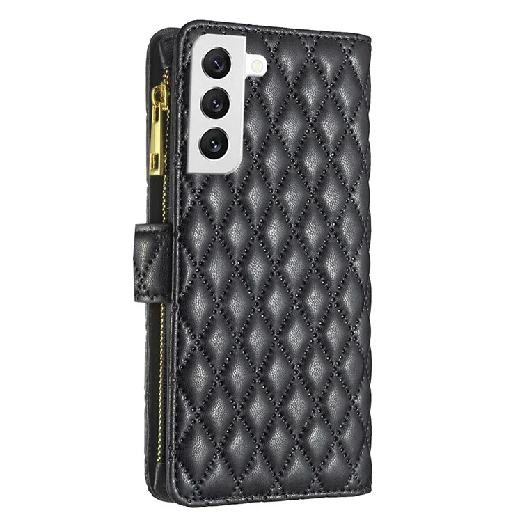 BINFEN COLOR para Samsung Galaxy S22 5G BF Style-15 Caso revestido com padrão de rombo impresso com bolso com zíper, suporte de mão livre, capa de carteira em couro PU fosco - Preto