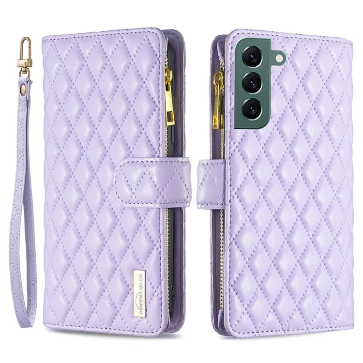 Binfenfarbe Für Samsung Galaxy S22+ 5G BF Style-15 Geprinziertes Rhombus-mustergehäuse Mit Reißverschlusspocket-flip-ständer Matte PU Leder Brieftasche Abdeckung - Violett