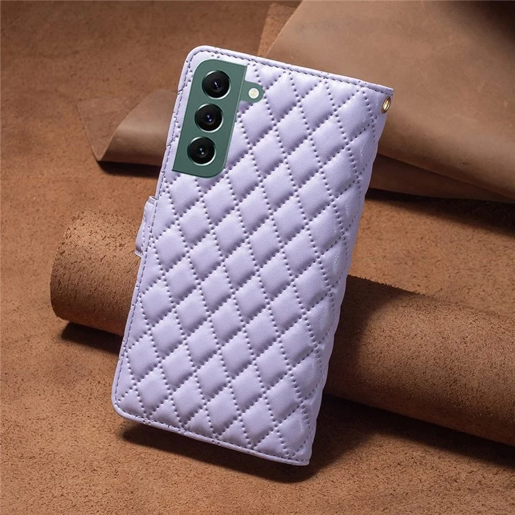Binfenfarbe Für Samsung Galaxy S22+ 5G BF Style-15 Geprinziertes Rhombus-mustergehäuse Mit Reißverschlusspocket-flip-ständer Matte PU Leder Brieftasche Abdeckung - Violett