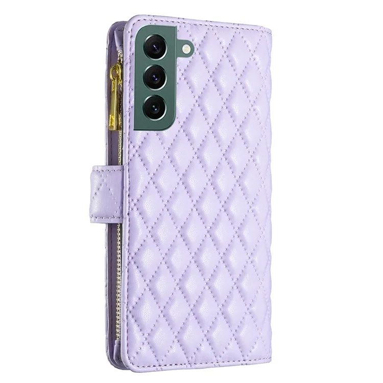 Binfenfarbe Für Samsung Galaxy S22+ 5G BF Style-15 Geprinziertes Rhombus-mustergehäuse Mit Reißverschlusspocket-flip-ständer Matte PU Leder Brieftasche Abdeckung - Violett