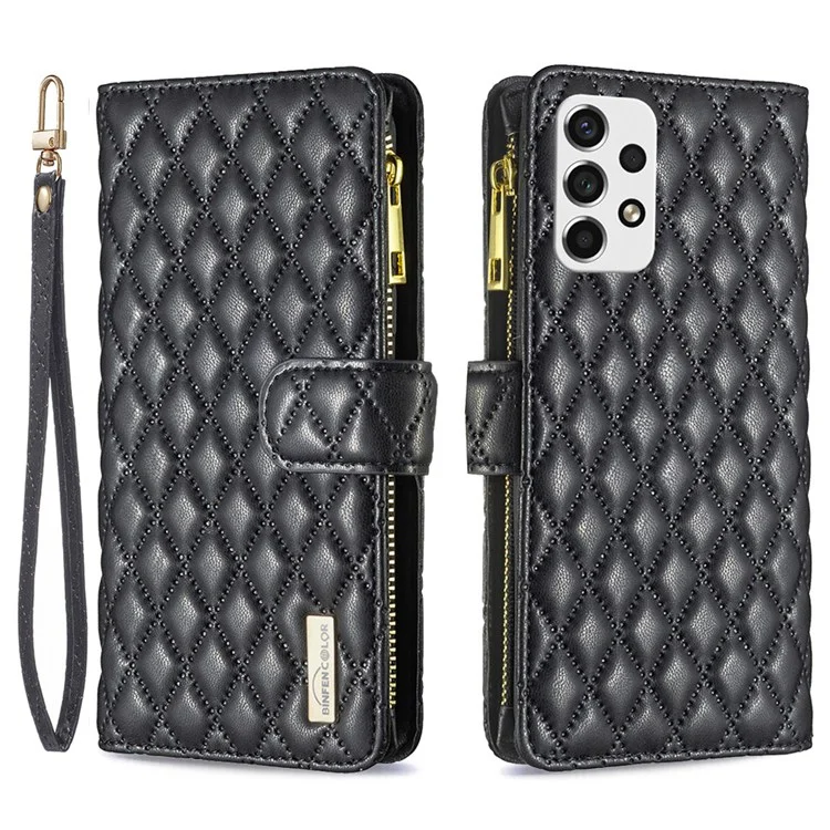 BINFEN COLOR pour Samsung Galaxy A53 5G BF Style-15 Étui de téléphone anti-chute avec poche zippée Caractéristique Motif losange imprimé Matte PU Leather Wallet Case - Noir