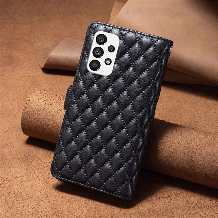 BINFEN COLOR pour Samsung Galaxy A53 5G BF Style-15 Étui de téléphone anti-chute avec poche zippée Caractéristique Motif losange imprimé Matte PU Leather Wallet Case - Noir