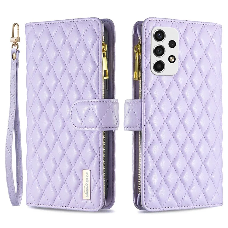 BINFEN COLOR for Samsung Galaxy A53 5G BF Style-15 Anti-drop Phone Cover with Zipper Pocket Feature Imprinted Rhombus Pattern Matte PU Leather Wallet Case - Purple