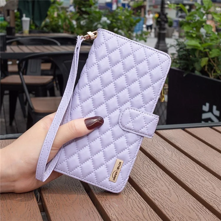 BINFEN COLOR for Samsung Galaxy A53 5G BF Style-15 Anti-drop Phone Cover with Zipper Pocket Feature Imprinted Rhombus Pattern Matte PU Leather Wallet Case - Purple