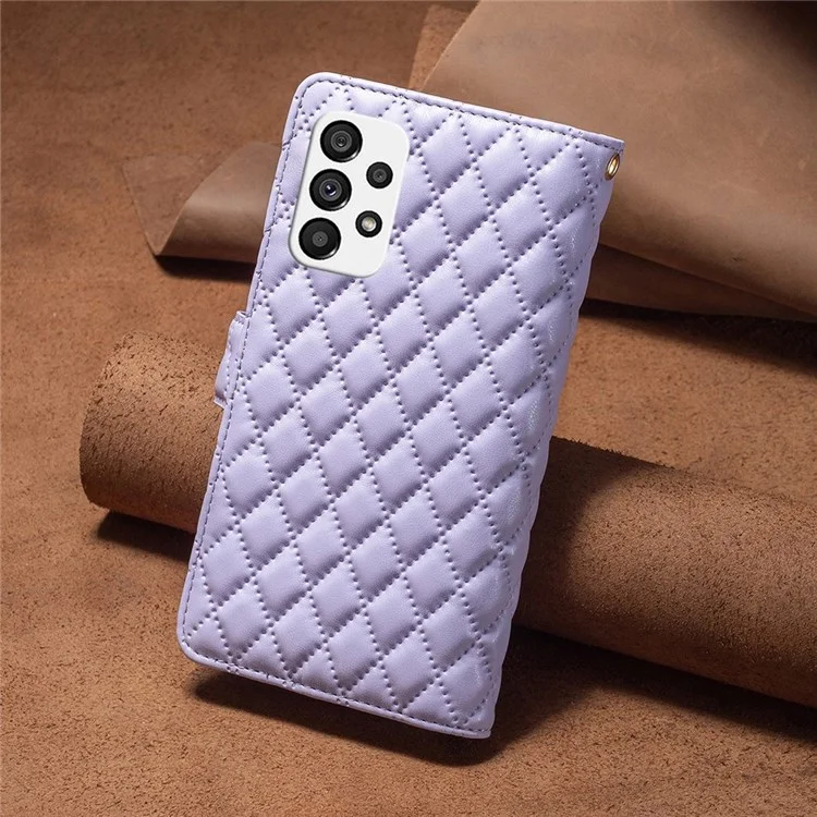 BINFEN COLOR for Samsung Galaxy A53 5G BF Style-15 Anti-drop Phone Cover with Zipper Pocket Feature Imprinted Rhombus Pattern Matte PU Leather Wallet Case - Purple