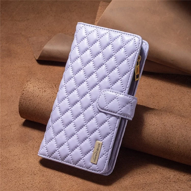 BINFEN COLOR for Samsung Galaxy A53 5G BF Style-15 Anti-drop Phone Cover with Zipper Pocket Feature Imprinted Rhombus Pattern Matte PU Leather Wallet Case - Purple