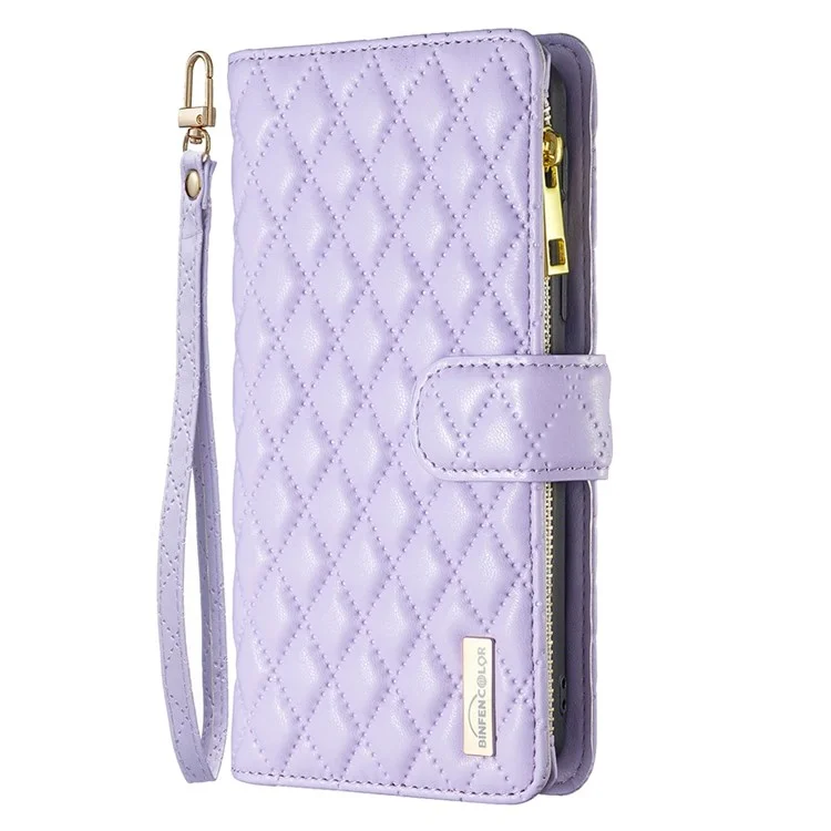 BINFEN COLOR for Samsung Galaxy A53 5G BF Style-15 Anti-drop Phone Cover with Zipper Pocket Feature Imprinted Rhombus Pattern Matte PU Leather Wallet Case - Purple