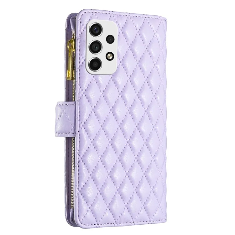 BINFEN COLOR for Samsung Galaxy A53 5G BF Style-15 Anti-drop Phone Cover with Zipper Pocket Feature Imprinted Rhombus Pattern Matte PU Leather Wallet Case - Purple