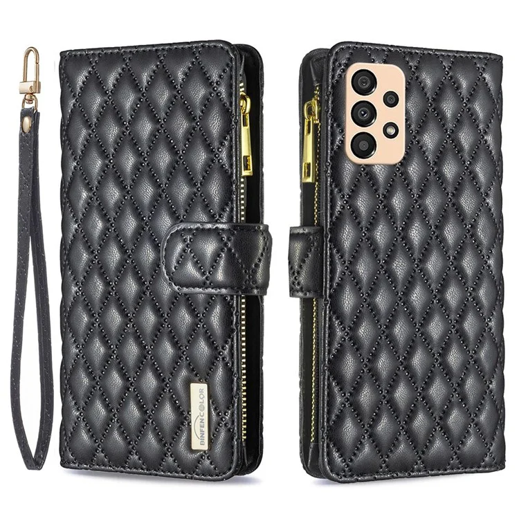BINFEN COLOR pour Samsung Galaxy A33 5G BF Style-15 Housse de téléphone en cuir PU anti-chute à fermeture éclair avec poche, motif en relief en losange mat, étui à rabat avec support - Noir