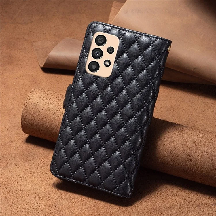 BINFEN COLOR pour Samsung Galaxy A33 5G BF Style-15 Housse de téléphone en cuir PU anti-chute à fermeture éclair avec poche, motif en relief en losange mat, étui à rabat avec support - Noir