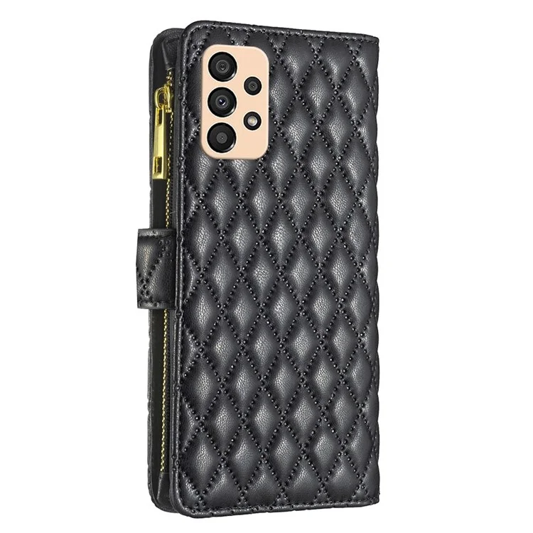 BINFEN COLOR pour Samsung Galaxy A33 5G BF Style-15 Housse de téléphone en cuir PU anti-chute à fermeture éclair avec poche, motif en relief en losange mat, étui à rabat avec support - Noir