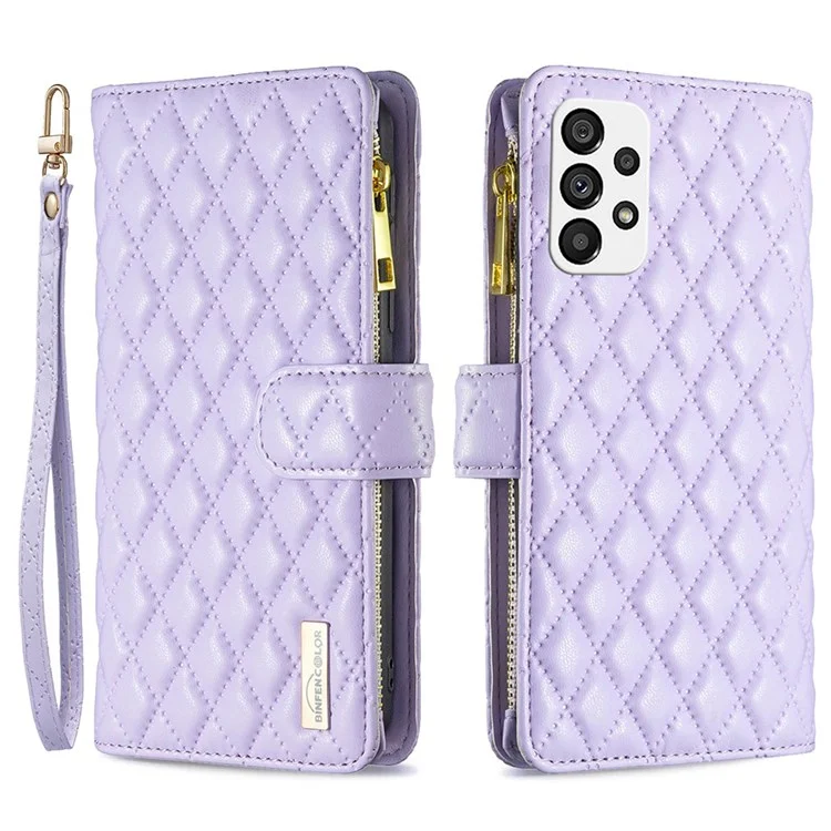 BINFEN COLOR für Samsung Galaxy A73 5G BF Style-15 Anti-Fall PU-Leder-Flip-Brieftasche Cover Reißverschlusstasche mit beprägtem Rauten-Muster Ständer - Lila