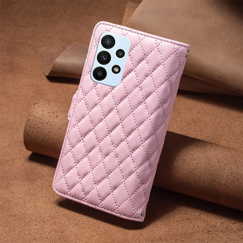 BINFEN COLOR BF Style-15 for Samsung Galaxy A23 5G (Global Version) / 4G / M23 5G Imprinted Rhombus Pattern Shockproof Phone Case with Zipper Pocket - Pink