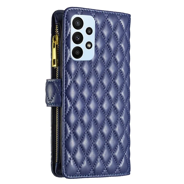 BINFEN COLOR BF Style-15 for Samsung Galaxy A23 5G (Global Version) / 4G / M23 5G Imprinted Rhombus Pattern Shockproof Phone Case with Zipper Pocket - Blue