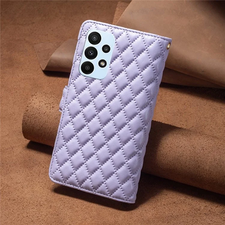 Binfen Color BF Style-15 Для Samsung Galaxy A23 4G (165,4 x 76,9 x 8,4 Мм) / M23 5G Отпечатанный Ромб -рисунок Shomproper Case Cash с Карманом на Молнии - Пурпурный
