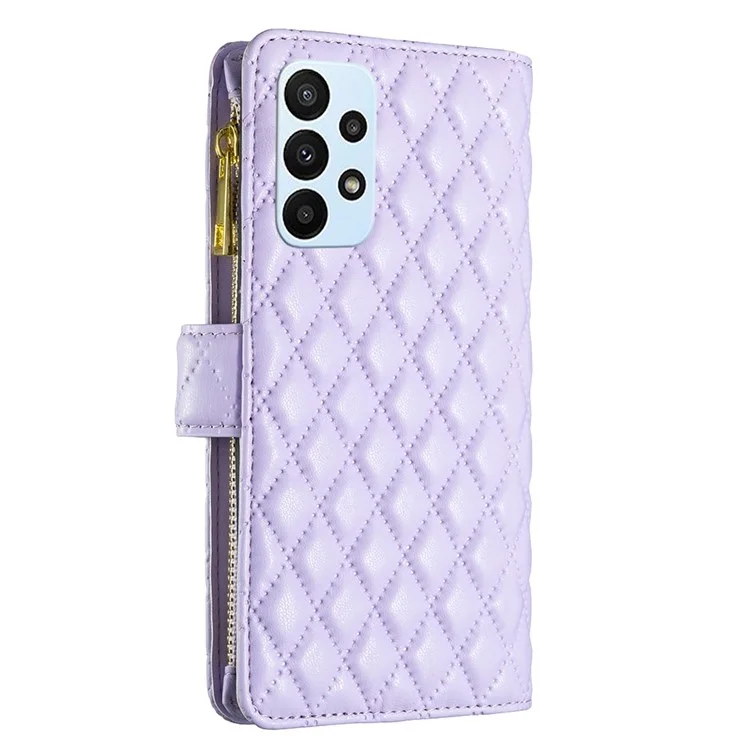 Binfen Color BF Style-15 Для Samsung Galaxy A23 4G (165,4 x 76,9 x 8,4 Мм) / M23 5G Отпечатанный Ромб -рисунок Shomproper Case Cash с Карманом на Молнии - Пурпурный