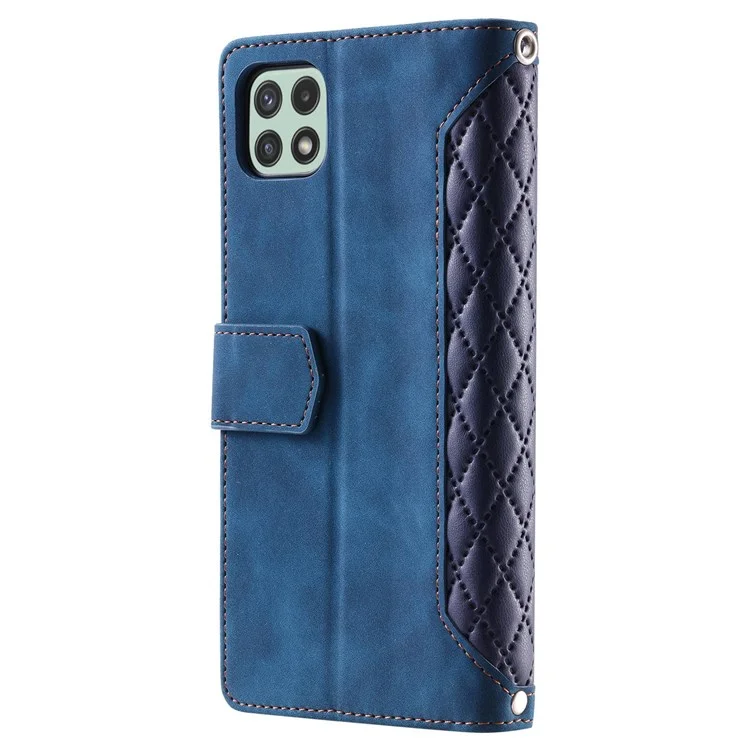 005 Phone Case Pouch for Samsung Galaxy A22 5G (EU Version), Anti-scratch Rhombus Grid Textured PU Leather Zipper Pocket Stand Wallet Phone Case with Multiple Card Slots and Handy Strap - Blue