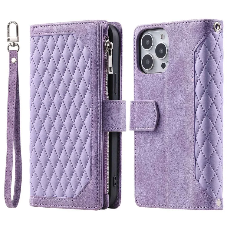 Per iPhone 13 Pro 6.1 pollici 005 Wallet Design Folio Flip Magnetic Phone Cover Rhombus Grid Texture PU Leather Zipper Pocket Stand Case - Viola