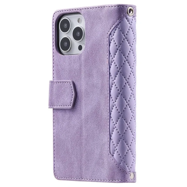 Per iPhone 13 Pro 6.1 pollici 005 Wallet Design Folio Flip Magnetic Phone Cover Rhombus Grid Texture PU Leather Zipper Pocket Stand Case - Viola