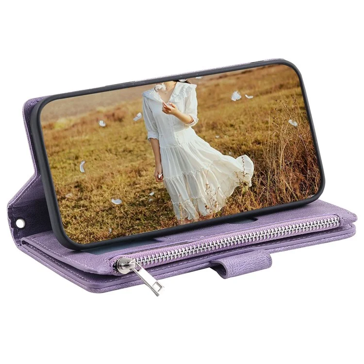 Per iPhone 13 Pro 6.1 pollici 005 Wallet Design Folio Flip Magnetic Phone Cover Rhombus Grid Texture PU Leather Zipper Pocket Stand Case - Viola