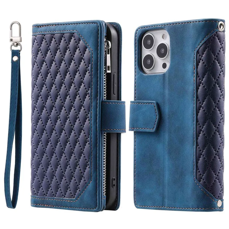 Para Iphone 13 Pro Max 6.7 Pulgadas 005 Case de Celular de Cuero Magnia Rombo Rombo de la Cuadrícula Textura Policita de Bolsillo Soporte de Bolsillo Con Correa Con Correa - Azul
