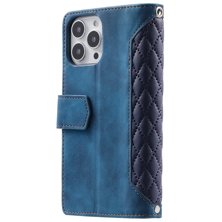 Para Iphone 13 Pro Max 6.7 Pulgadas 005 Case de Celular de Cuero Magnia Rombo Rombo de la Cuadrícula Textura Policita de Bolsillo Soporte de Bolsillo Con Correa Con Correa - Azul