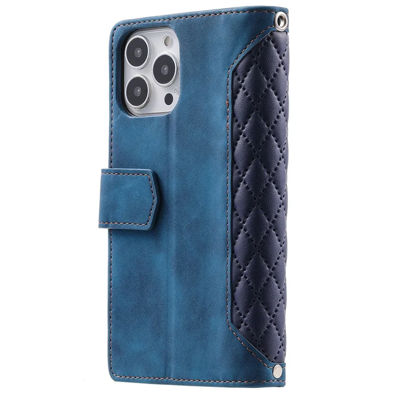 005 Rhombus Grid Textured PU Leather Phone Case for iPhone 14 Plus 6.7 inch, Zipper Pocket Stand Wallet Cover with Strap - Blue