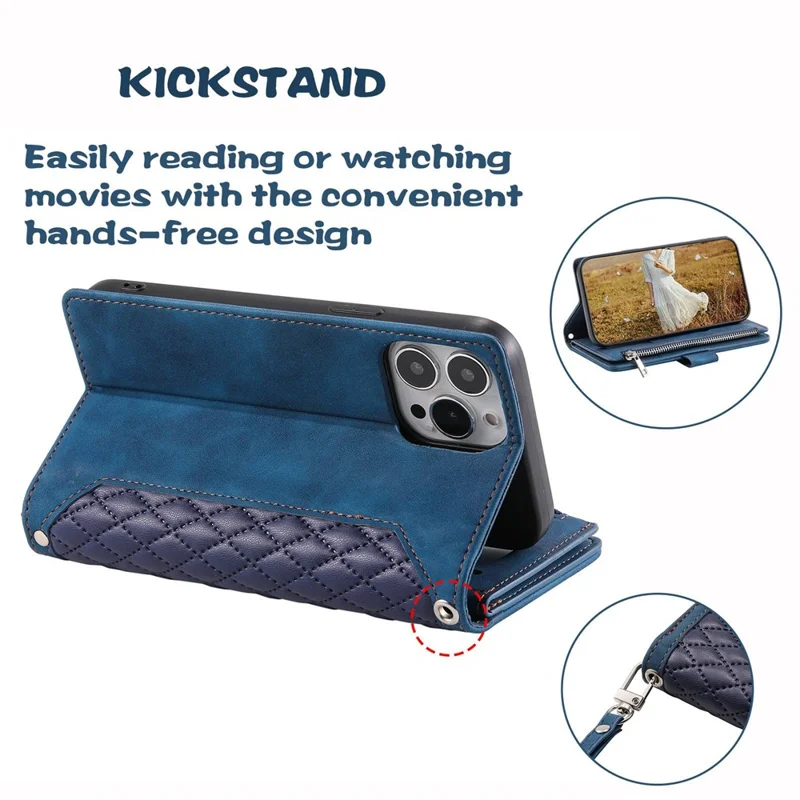 005 Rhombus Grid Textured PU Leather Phone Case for iPhone 14 Plus 6.7 inch, Zipper Pocket Stand Wallet Cover with Strap - Blue