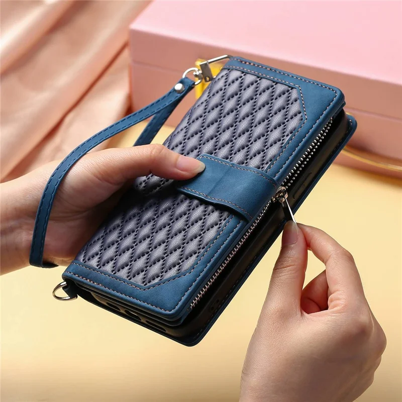 005 Rhombus Grid Textured PU Leather Phone Case for iPhone 14 Plus 6.7 inch, Zipper Pocket Stand Wallet Cover with Strap - Blue