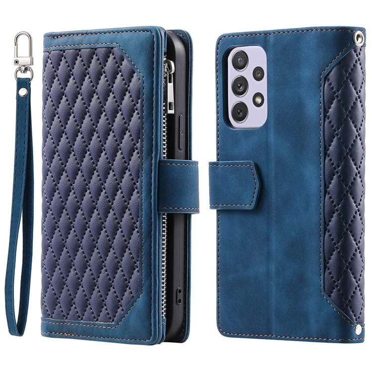 005 Phone Coversing Shell Для Samsung Galaxy A52s 5G / A52 5G / 4G, Rombus Grid Textred PU Кожаный Телефон Чехла на Молнии Карманной Стенд с Ремешком с Ремешком - Синий