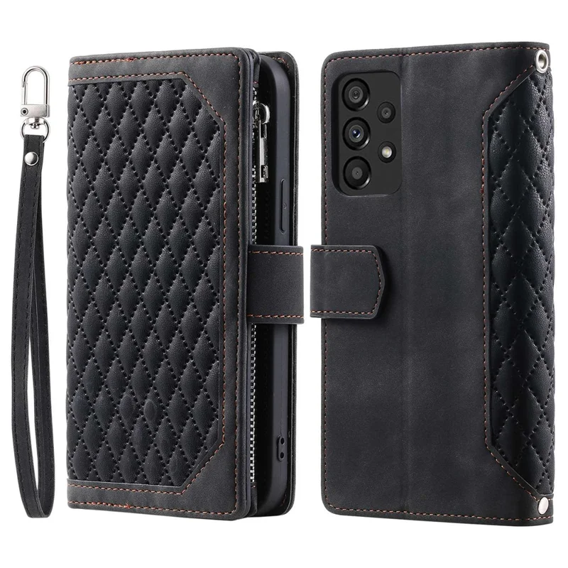 005 Style Phone Protective Cover for Samsung Galaxy A53 5G, Rhombus Texture PU Leather Zipper Pocket Stand Wallet Case with Wrist Strap - Black