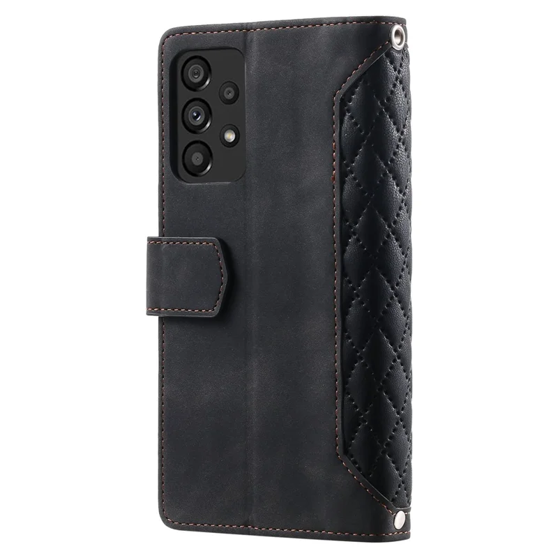 005 Style Phone Protective Cover for Samsung Galaxy A53 5G, Rhombus Texture PU Leather Zipper Pocket Stand Wallet Case with Wrist Strap - Black