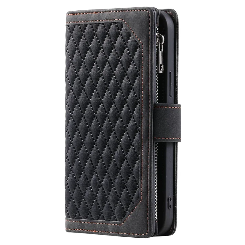 005 Style Phone Protective Cover for Samsung Galaxy A53 5G, Rhombus Texture PU Leather Zipper Pocket Stand Wallet Case with Wrist Strap - Black