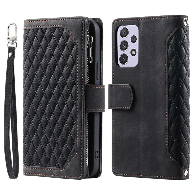 005 Style for Samsung Galaxy A72 4G / 5G Zipper Pocket Design Rhombus Texture Phone Cover PU Leather Stand Wallet Protective Case with Wrist Strap - Black