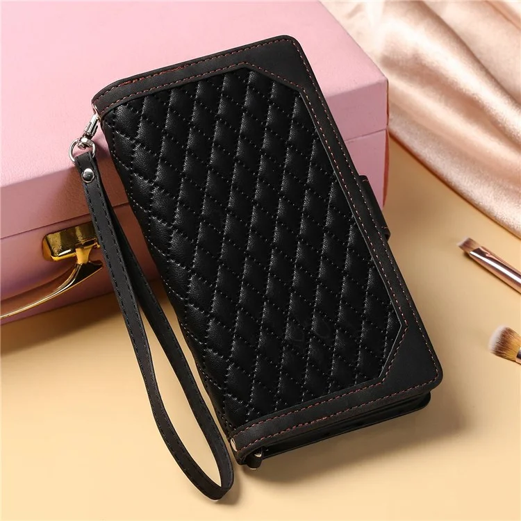 005 Style for Samsung Galaxy A72 4G / 5G Zipper Pocket Design Rhombus Texture Phone Cover PU Leather Stand Wallet Protective Case with Wrist Strap - Black