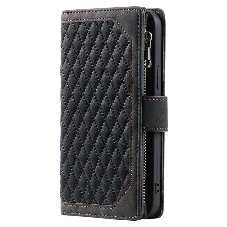 005 Style for Samsung Galaxy A72 4G / 5G Zipper Pocket Design Rhombus Texture Phone Cover PU Leather Stand Wallet Protective Case with Wrist Strap - Black