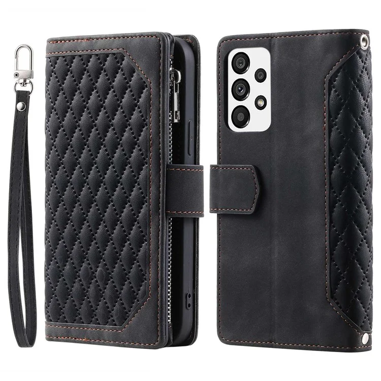 005 Style Pour Samsung Galaxy A73 5G Rhombus Texture Couverture Smartphone PU le Cuir à Glissière Pocket Stand Portefeuille Étui à Résistance à la Gamme Avec Bracelet - le Noir