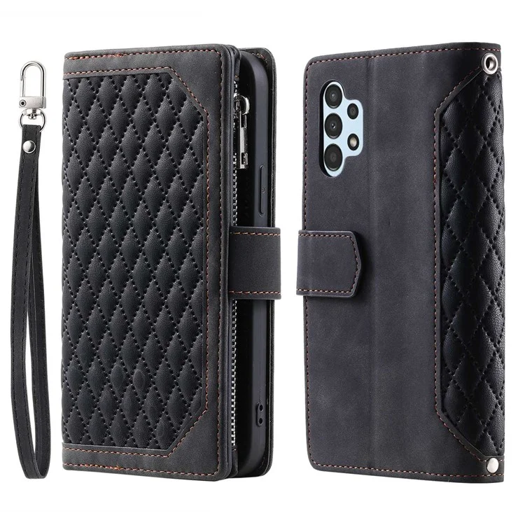 Estilo 005 Para Samsung Galaxy A32 5G / M32 5G Pocket Design Pocket Phone Soporte PU Cubierta de Cuero pu Textura de la Caja Protectora Del Estuche Con Correa - Negro