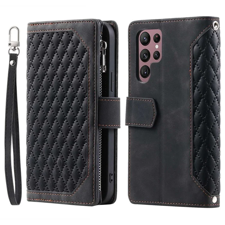005 Style pour Samsung Galaxy S22 Ultra 5G Rhombus Texture PU Leather Phone Wallet Stand Cover Zipper Pocket Design Anti-drop Case with Wrist Strap - Noir