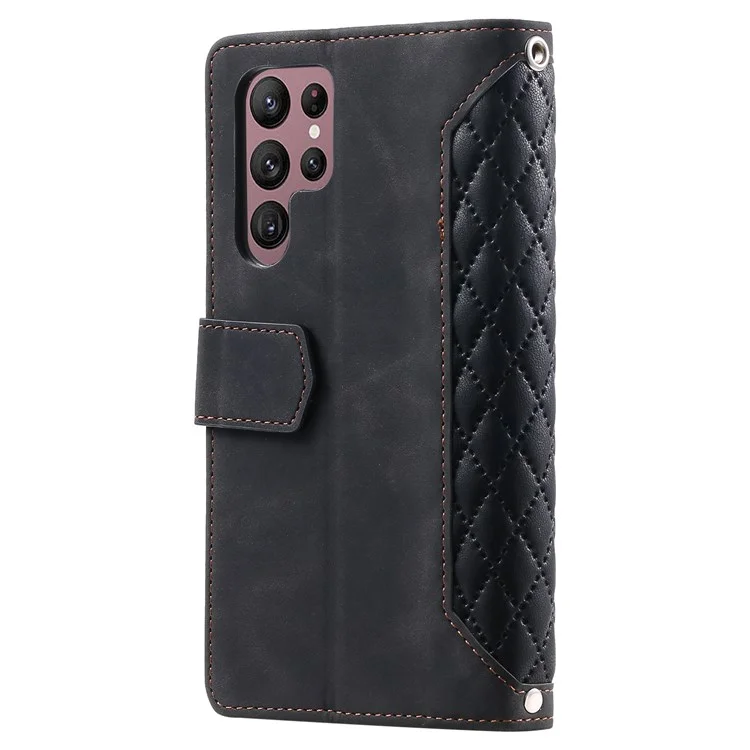 005 Style pour Samsung Galaxy S22 Ultra 5G Rhombus Texture PU Leather Phone Wallet Stand Cover Zipper Pocket Design Anti-drop Case with Wrist Strap - Noir