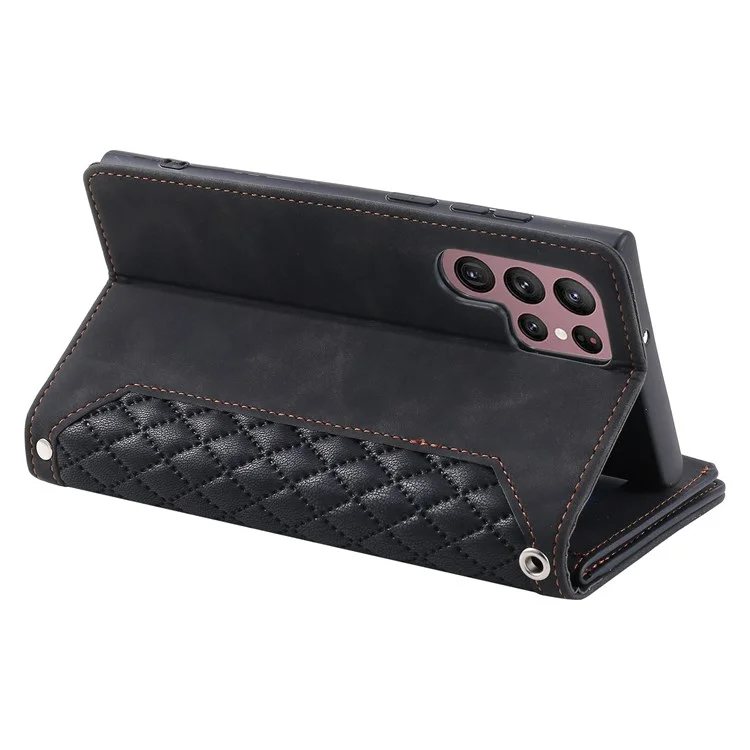 005 Style pour Samsung Galaxy S22 Ultra 5G Rhombus Texture PU Leather Phone Wallet Stand Cover Zipper Pocket Design Anti-drop Case with Wrist Strap - Noir