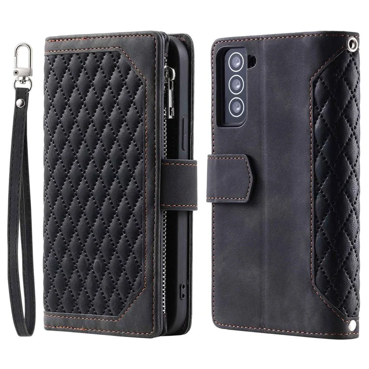 Estilo 005 Para Samsung Galaxy S22+ 5G Diseño de Bolsillo PU PU Teléfono Puente de Cuero Rombo Rhombus Textur Soport Willet Con Correa - Negro