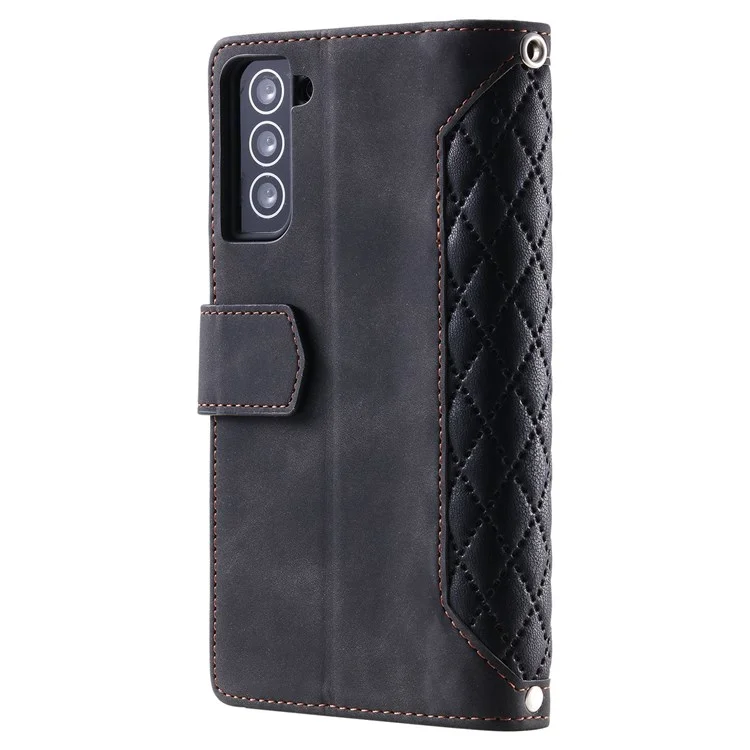 Estilo 005 Para Samsung Galaxy S22+ 5G Diseño de Bolsillo PU PU Teléfono Puente de Cuero Rombo Rhombus Textur Soport Willet Con Correa - Negro