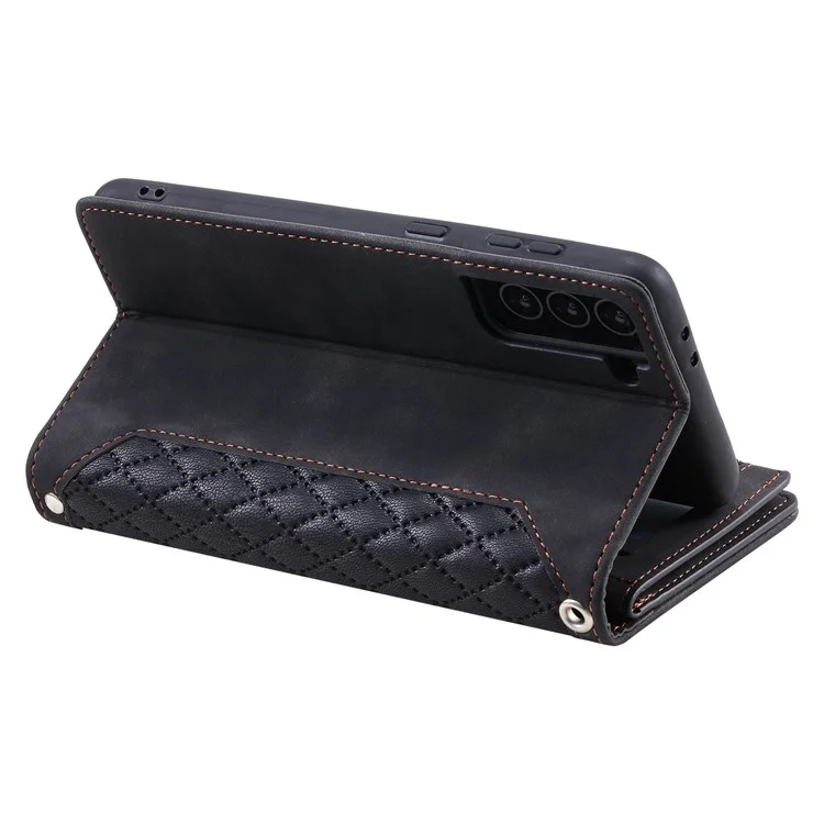 Estilo 005 Para Samsung Galaxy S22+ 5G Diseño de Bolsillo PU PU Teléfono Puente de Cuero Rombo Rhombus Textur Soport Willet Con Correa - Negro