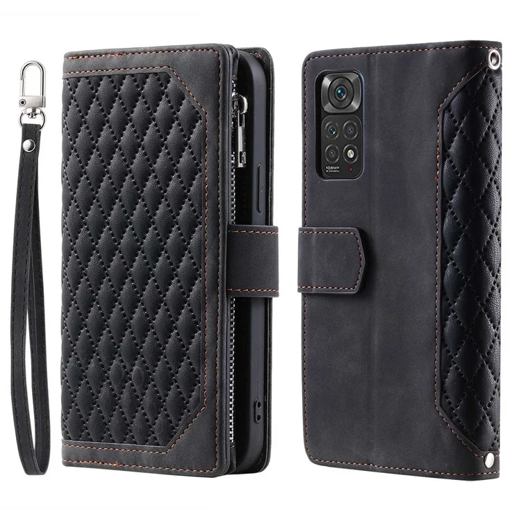 005 Style Smartphone Cover Pour Xiaomi Redmi Note 11 4G (Qualcomm) / Remarque 11S 4G, Texture Rhombonale pu Leather à Glissement de Poche à Fermeture Éclair de Poche Avec Sangle - le Noir