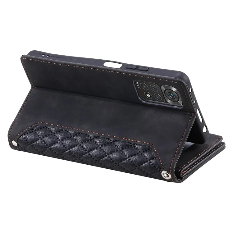 005 Style Smartphone Cover Pour Xiaomi Redmi Note 11 4G (Qualcomm) / Remarque 11S 4G, Texture Rhombonale pu Leather à Glissement de Poche à Fermeture Éclair de Poche Avec Sangle - le Noir